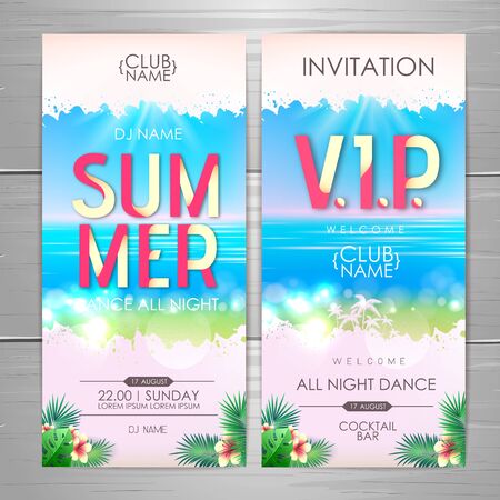 Summer party poster design. Disco party invitation design. Top view of tropic summer beach with ocean background.のイラスト素材