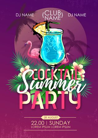 Summer beach party disco poster with cocktail and tropic leavesのイラスト素材