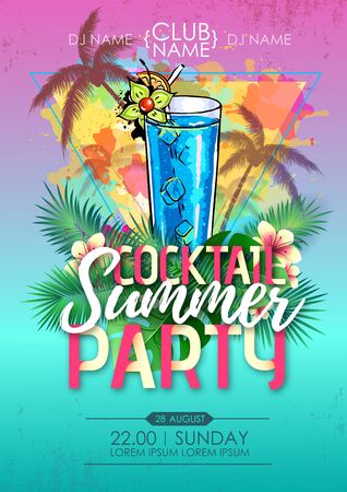 Summer beach party disco poster with cocktail and tropic leavesのイラスト素材