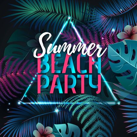 Summer beach party typography poster with fluorescent tropic leaves. Nature conceptのイラスト素材