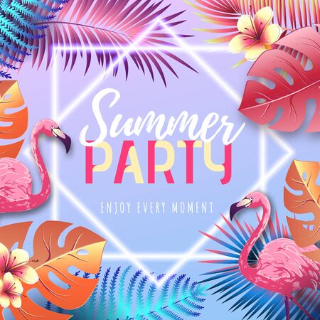 Summer party typography poster with flamingo and fluorescent tropic leaves. Nature conceptのイラスト素材