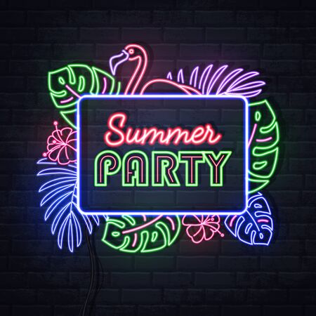 Neon sign summer party with fluorescent tropic leaves. Vintage electric signboard.のイラスト素材