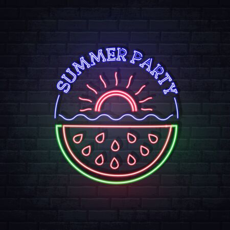 Neon sign summer party with fluorescent watermelon. Vintage electric signboard.のイラスト素材