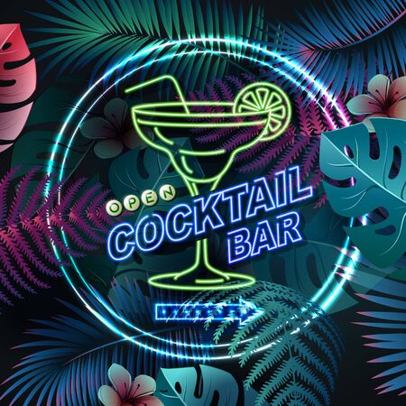 Neon sign cocktail bar on fluorescent tropic leaves background. Vintage electric signboard.のイラスト素材