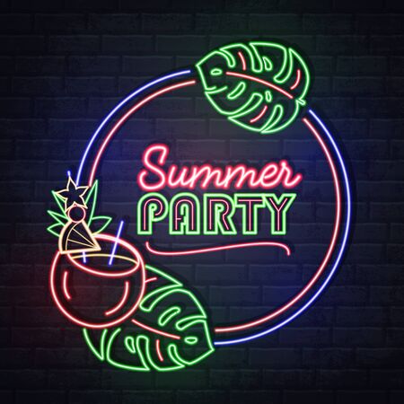 Neon sign summer party with cocktail and fluorescent tropic leaves. Vintage electric signboard.のイラスト素材
