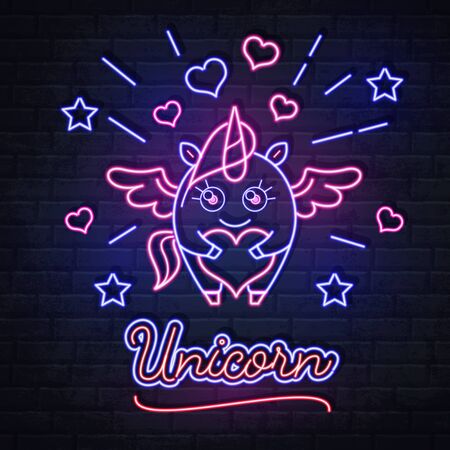 Neon sign unicorn with love heart. Vintage electric signboard.のイラスト素材