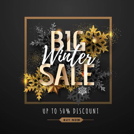 Christmas poster with golden snowflakes. Winter big sale poster.Christmas backgroundのイラスト素材