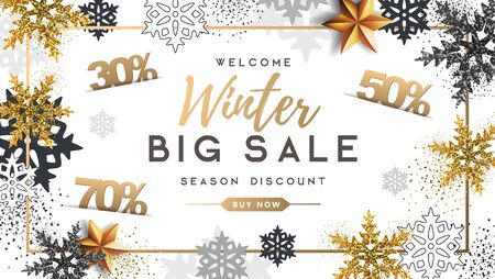 Winter poster with golden Christmas snowflakes and presents. Winter big sale poster. Wiinter backgroundのイラスト素材