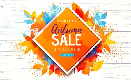 Autumn big sale watercolor poster with autumn leaves. Autumn backgroundのイラスト素材
