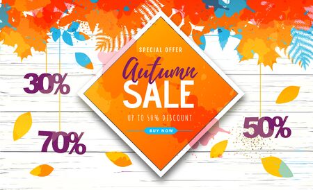 Autumn big sale watercolor poster with autumn leaves. Autumn backgroundのイラスト素材