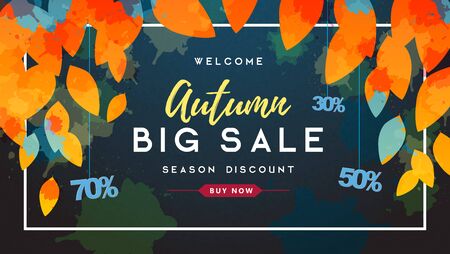 Autumn big sale watercolor poster with autumn leaves. Autumn backgroundのイラスト素材