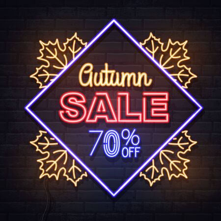 Neon sign autumn big sale with maple leaves on brick background. Vintage electric signboard.のイラスト素材