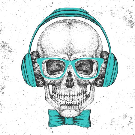 Hand drawing hipster illustration of skull with headphones on grunge background. Hipster fashion styleのイラスト素材