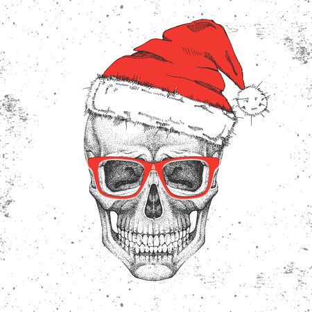Hand drawing hipster illustration of skull with new year hat on grunge background. Hipster fashion styleのイラスト素材