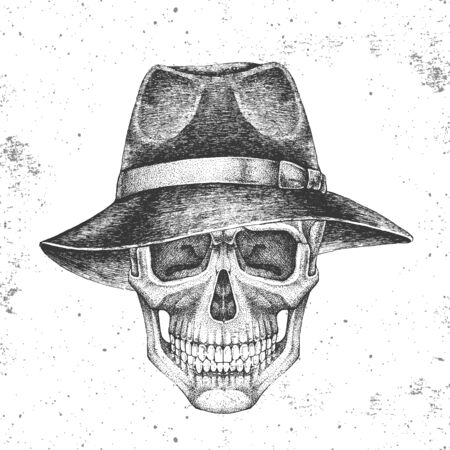 Hand drawing hipster skull with hat on grunge background. Hipster fashion styleのイラスト素材