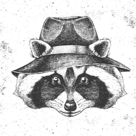 Hipster animal raccoon in hat. Hand drawing Muzzle of animal raccoonのイラスト素材