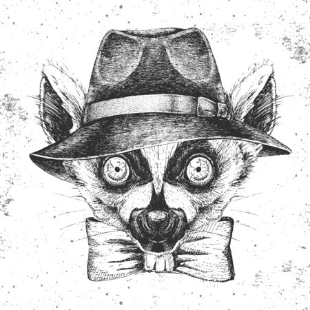 Hipster animal lemur in hat. Hand drawing Muzzle of animal lemurのイラスト素材