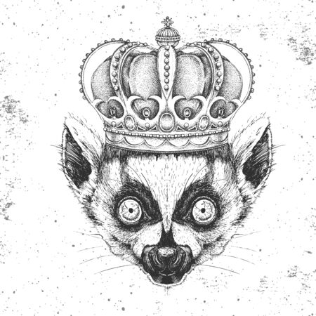 Hipster animal lemur in crown. Hand drawing Muzzle of animal lemurのイラスト素材