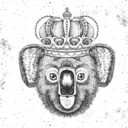 Hipster animal koala in crown. Hand drawing Muzzle of koalaのイラスト素材