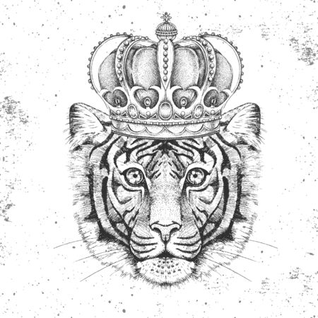 Hipster animal tiger in crown. Hand drawing Muzzle of tigerのイラスト素材