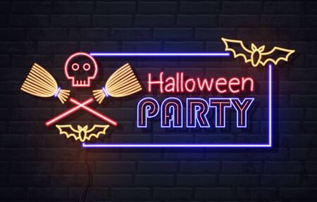 Neon sign halloween party with skull and wich broom. Vintage electric signboard.のイラスト素材