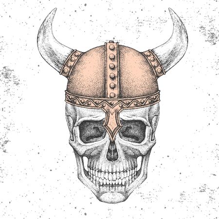 Hand drawing hipster skull with viking helmet on grungeのイラスト素材