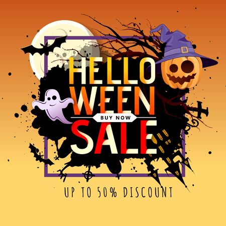 Halloween big sale poster with jack o lantern pumpkin and full moon.のイラスト素材