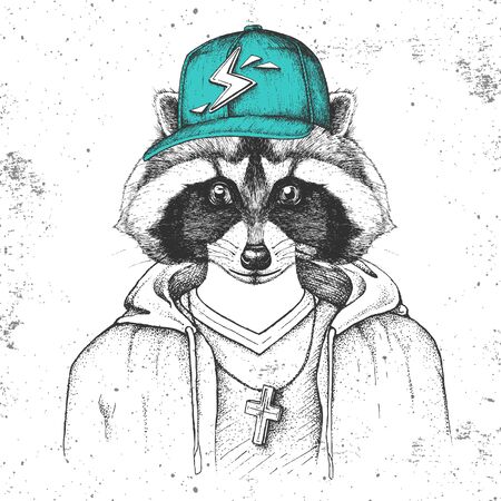 Hipster animal raccoon dressed in cap like rapper. Hand drawing Muzzle of raccoonのイラスト素材