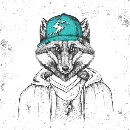 Hipster animal fox dressed in cap like rapper. Hand drawing Muzzle of foxのイラスト素材