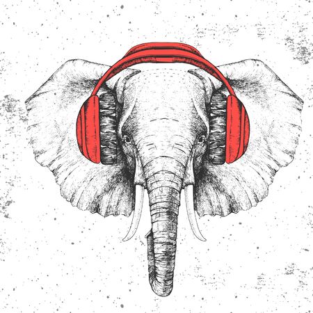 Hipster animal elephant with headphones. Hand drawing Muzzle of animal elephantのイラスト素材