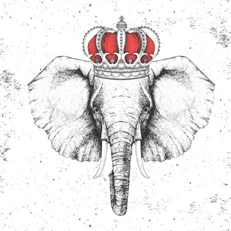 Hipster animal elephant in crown. Hand drawing Muzzle of elephantのイラスト素材