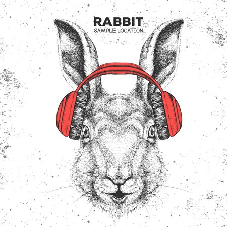 Hipster animal rabbit with headphones. Hand drawing Muzzle of animal bunnyのイラスト素材