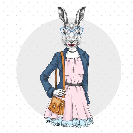 Retro Hipster fashion animal rabbit. Woman modelのイラスト素材