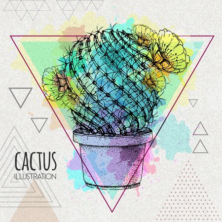 Hand drawing cactus vector illustration on artistic watercolor triangle backgroundのイラスト素材