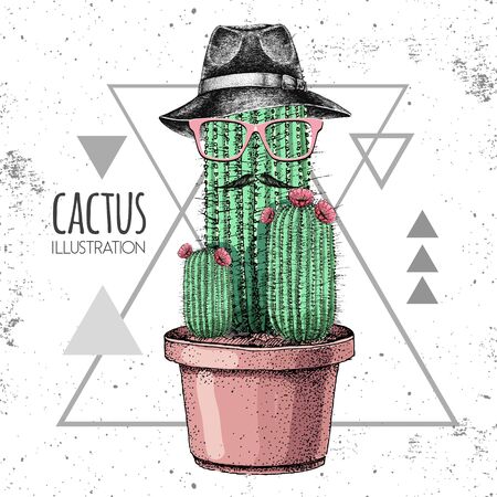 Hand drawing hipster cactus with mustache and hat. Vector illustration on grunge triangle backgroundのイラスト素材