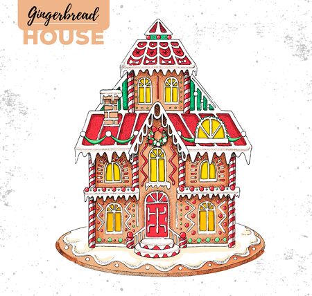 Hand drawing illustration of christmas gingerbread house. Sweet bakeryのイラスト素材