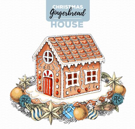 Hand drawing illustration of christmas gingerbread house and holiday wreath. Sweet bakeryのイラスト素材