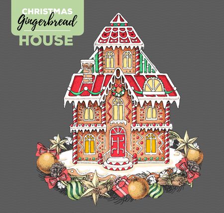 Hand drawing illustration of christmas gingerbread house and holiday wreath. Sweet bakeryのイラスト素材