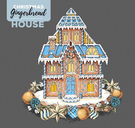 Hand drawing illustration of christmas gingerbread house and holiday wreath. Sweet bakeryのイラスト素材