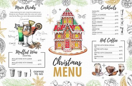 Christmas menu design with sweet gingerbread house, coffee and christmas cocktailsのイラスト素材