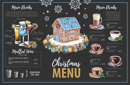 Christmas menu design with sweet gingerbread house, coffee and christmas cocktailsのイラスト素材