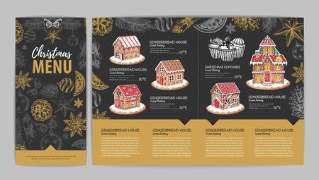 Christmas menu design with sweet gingerbread house and cupcakes. Christmas decorationsのイラスト素材