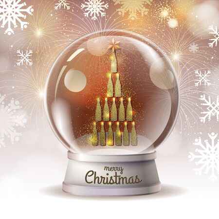 Realistic vector illustration of snow globe with golden champagne bottle pyramid inside. Holiday firework backgroundのイラスト素材
