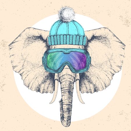 Hipster animal elephant in winter hat and snowboard goggles. Hand drawing Muzzle of elephantのイラスト素材