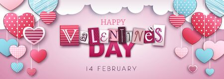 Happy Valentine`s day background with love hearts in the sky. Cut out paper art style designのイラスト素材