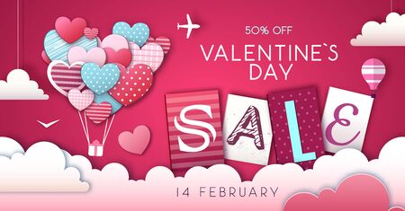 Valentines day sale background with love heart in the sky. Cut out paper art style designのイラスト素材