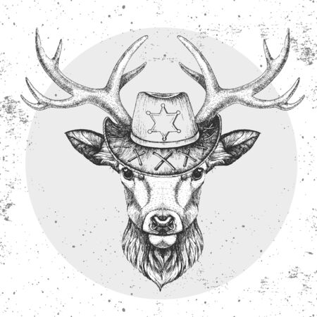 Retro Hipster animal deer with sheriff's hat. Hand drawing Muzzle of animal deerのイラスト素材
