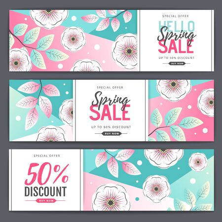 Spring big sale poster with full blossom flowers. Set of spring sale bannersのイラスト素材