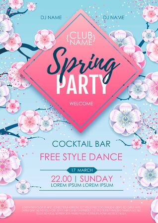 Spring party poster with full blossom flowers. Spring flowers backgroundのイラスト素材