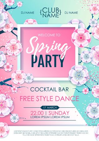 Spring party poster with full blossom flowers. Spring flowers backgroundのイラスト素材